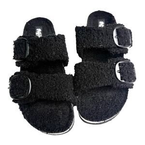 Mad Love Slide Sandal Women's Shoe 8 Selema Black Sherpa Double Strap Buckle